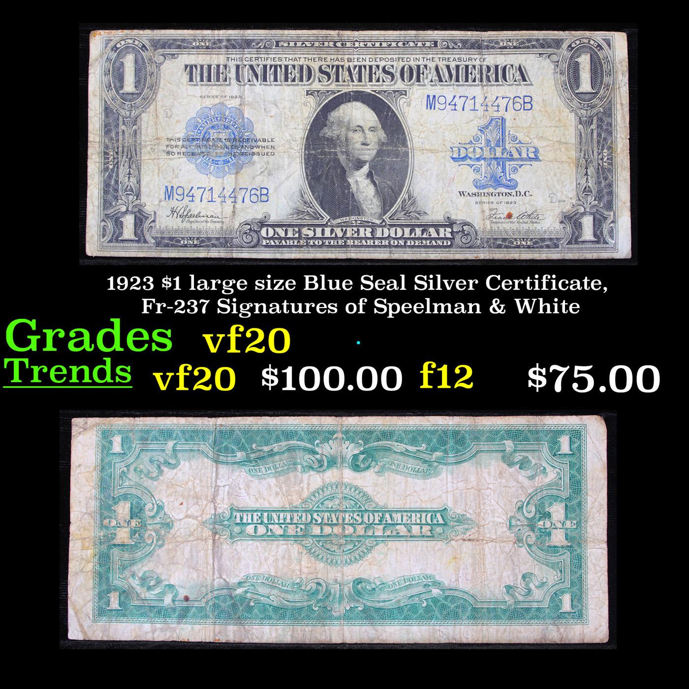 1923 $1 large size Blue Seal Silver Certificate, Fr-237 Signatures of Speelman & White Grades vf, ve