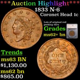 ***Auction Highlight*** 1833 Coronet Head Large Cent N-6 1c Graded ms62+ bn By SEGS (fc)