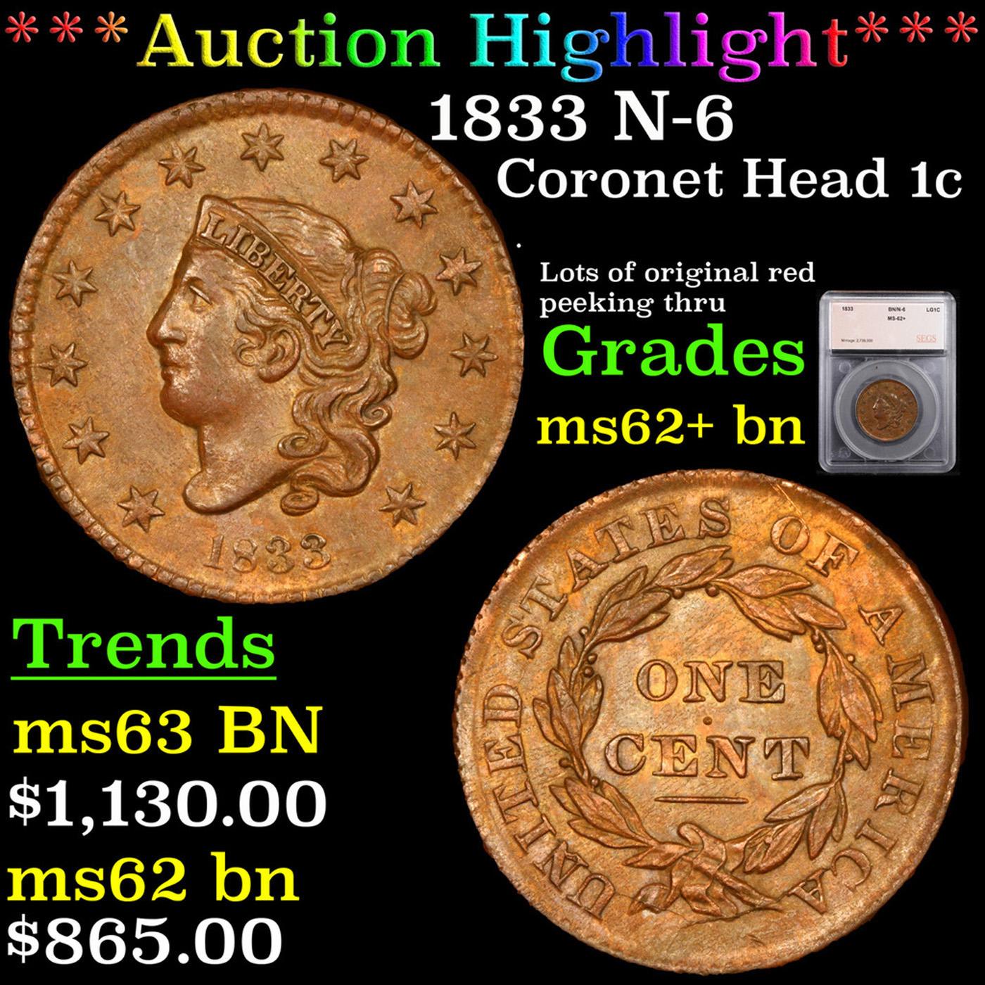 ***Auction Highlight*** 1833 Coronet Head Large Cent N-6 1c Graded ms62+ bn By SEGS (fc)