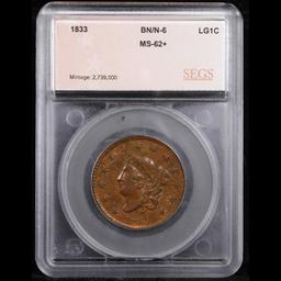 ***Auction Highlight*** 1833 Coronet Head Large Cent N-6 1c Graded ms62+ bn By SEGS (fc)