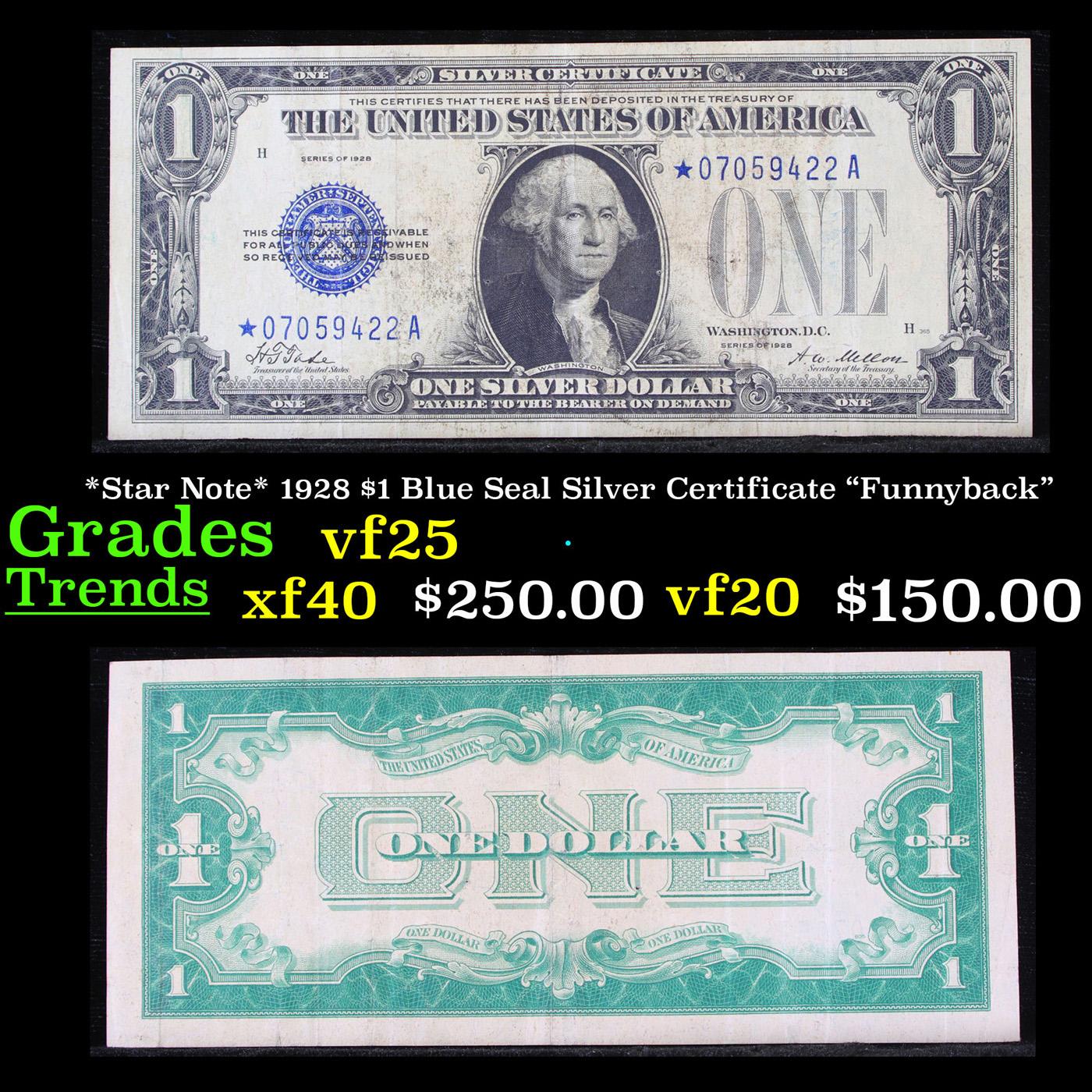 *Star Note* 1928 $1 Blue Seal Silver Certificate "Funnyback" Grades vf+