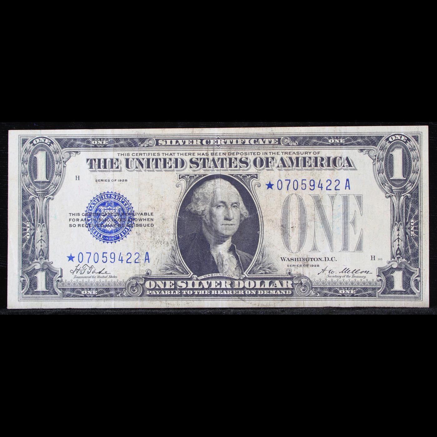 *Star Note* 1928 $1 Blue Seal Silver Certificate "Funnyback" Grades vf+
