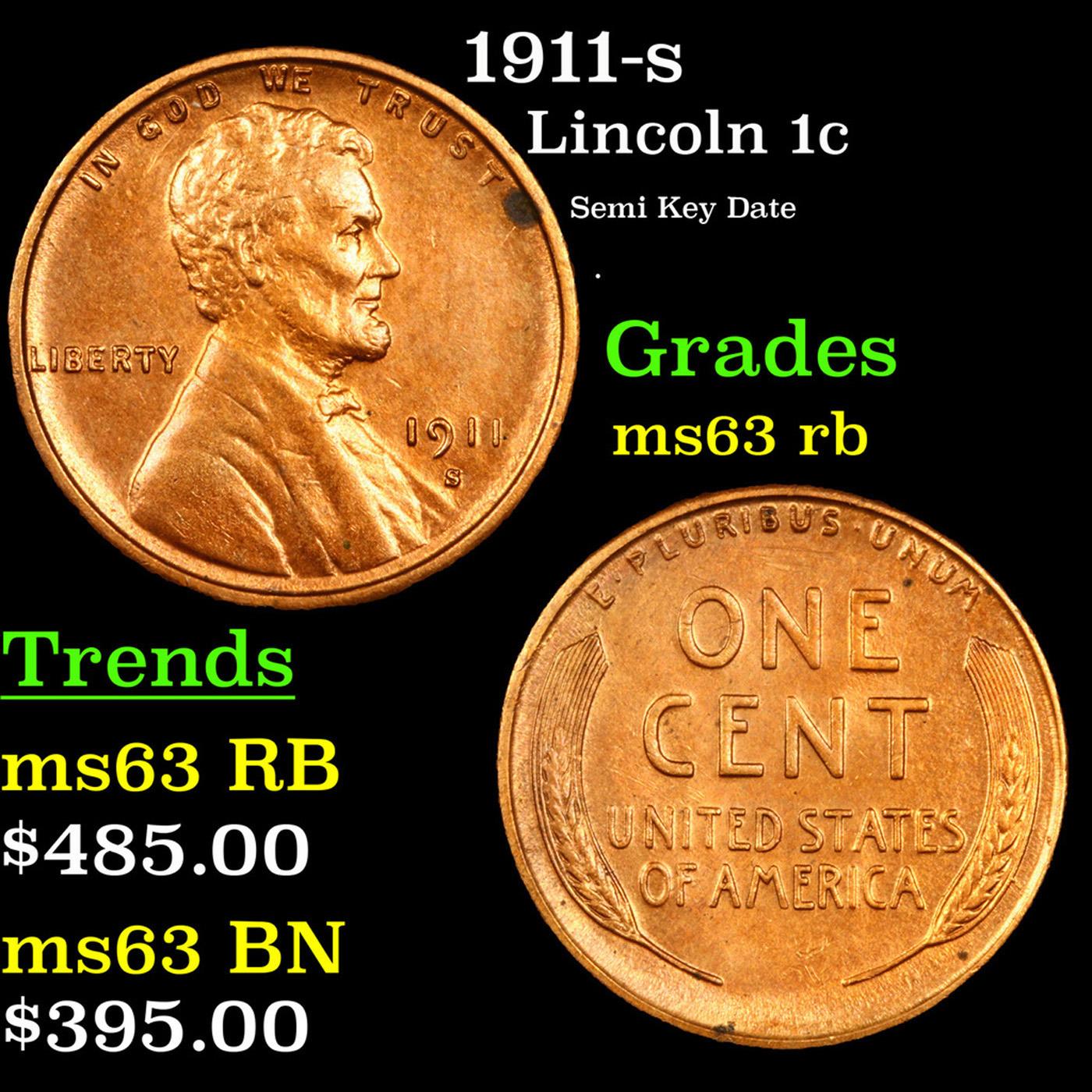 1911-s Lincoln Cent 1c Grades Select Unc RB