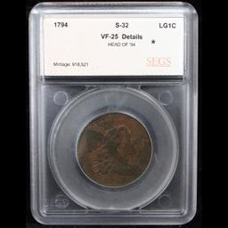 ***Auction Highlight*** 1794 Flowing Hair large cent S-32 R-3 1c Graded vf25 details By SEGS (fc)