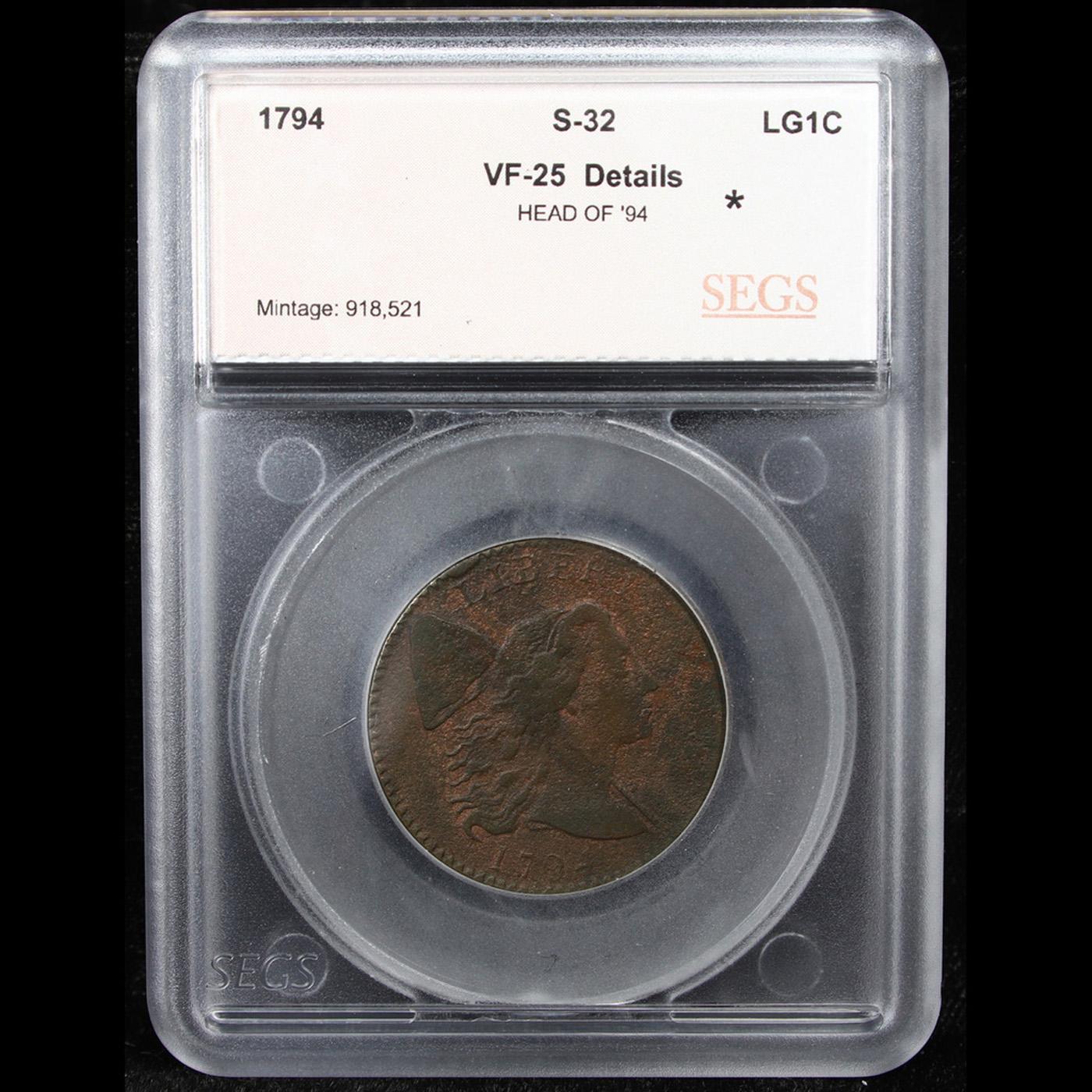 ***Auction Highlight*** 1794 Flowing Hair large cent S-32 R-3 1c Graded vf25 details By SEGS (fc)