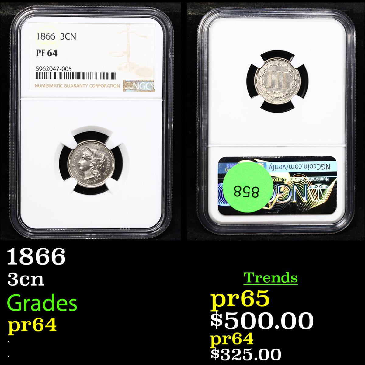 Proof NGC 1866 Three Cent Copper Nickel 3cn Graded pr64 BY NGC