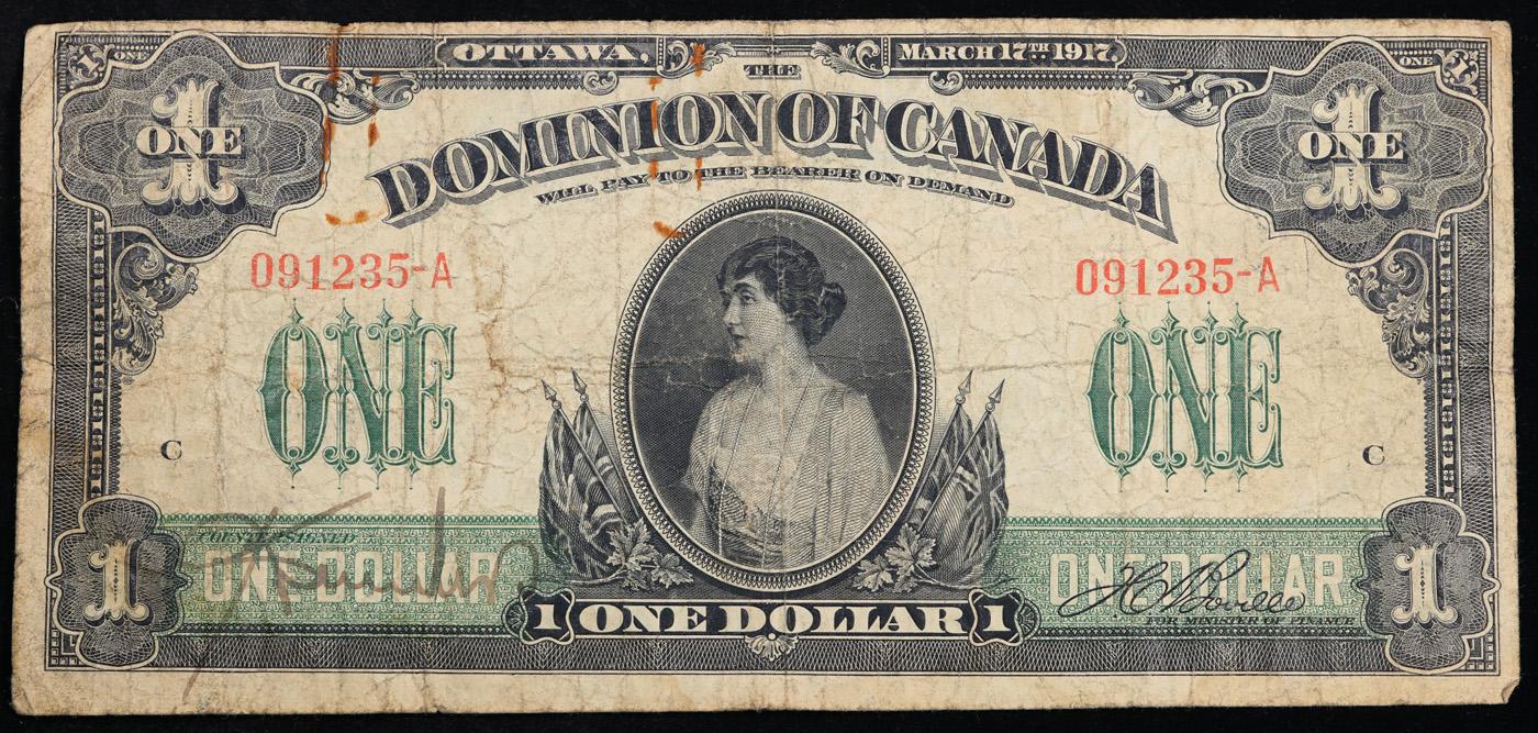 1917 Dominion of Canada $1 Banknote P# 32a Grades vf+