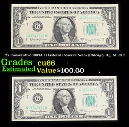 2x Consecutive 1963A $1 Federal Reserve Notes (Chicago, IL), All CU! Grades Gem+ CU