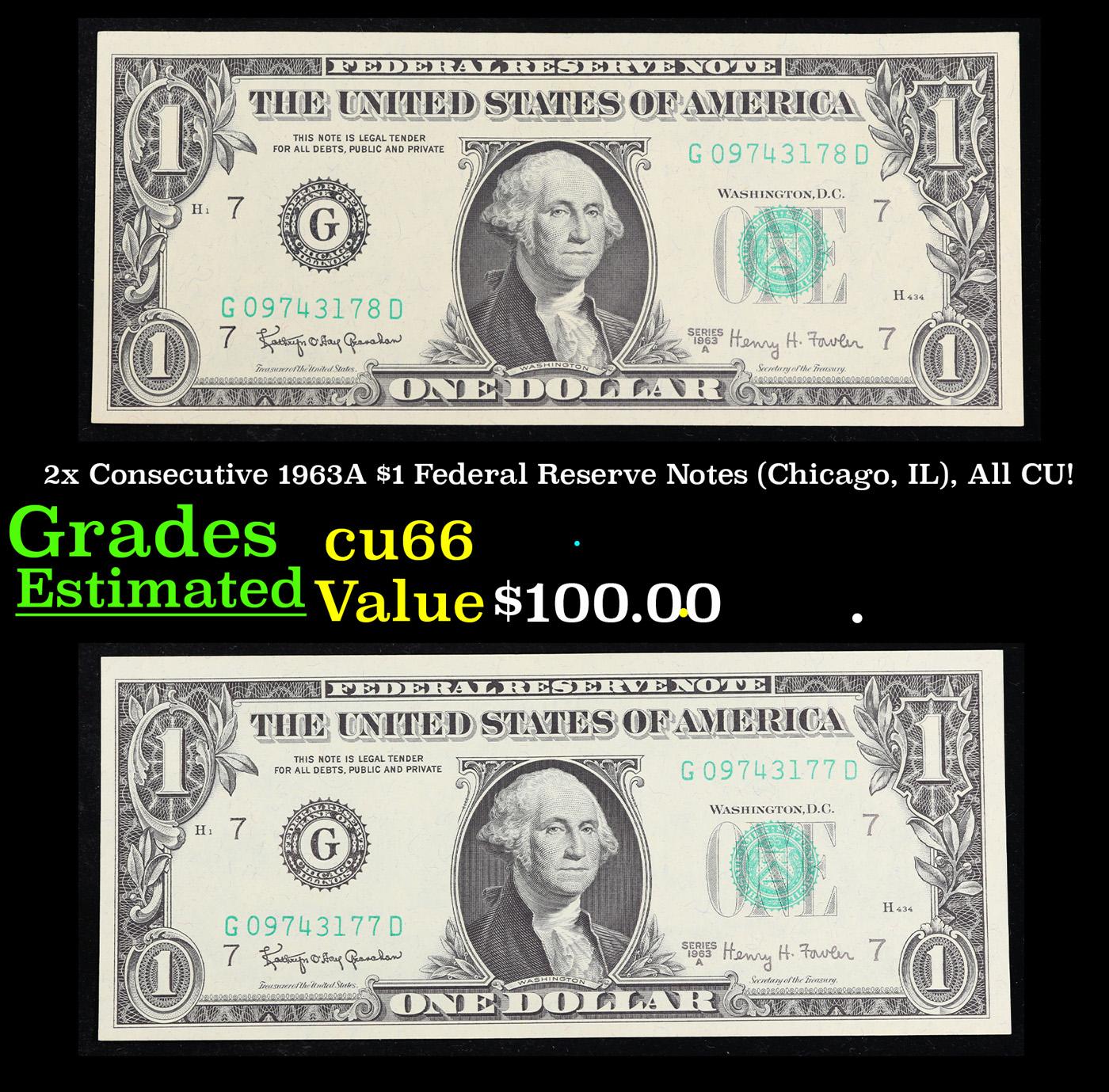 2x Consecutive 1963A $1 Federal Reserve Notes (Chicago, IL), All CU! Grades Gem+ CU