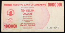 2006-2008 Zimbabwe 10 Million Dollars (ZWN) Emergency Bearer Check Notes P# 55a Grades vf++