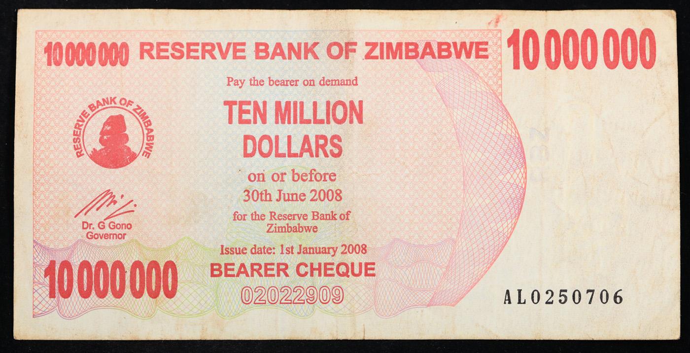2006-2008 Zimbabwe 10 Million Dollars (ZWN) Emergency Bearer Check Notes P# 55a Grades vf++