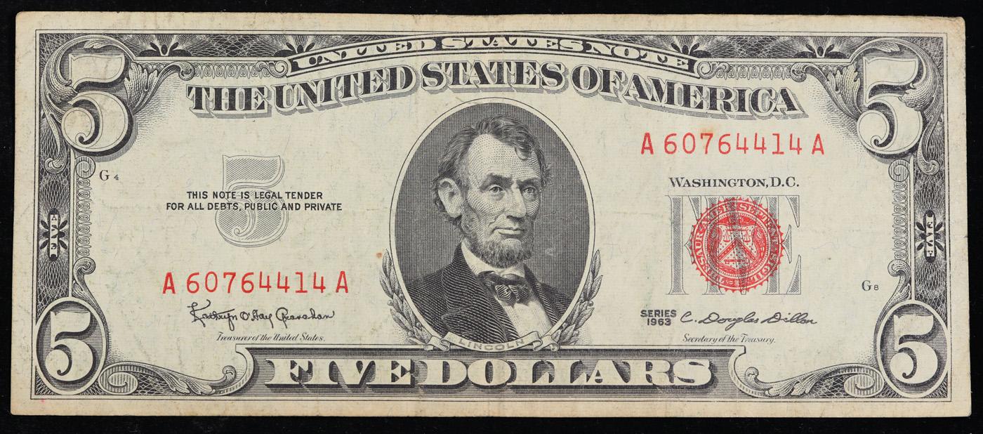 1963 $5 Red Seal United States Note Grades vf+