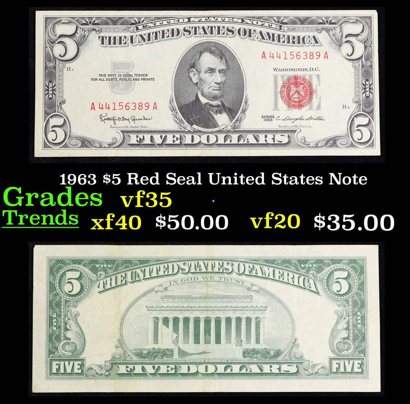 1963 $5 Red Seal United States Note Grades vf++