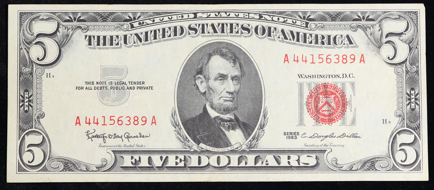 1963 $5 Red Seal United States Note Grades vf++