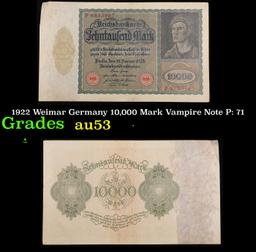 1922 Weimar Germany 10,000 Mark Vampire Note P: 71 Grades Select AU