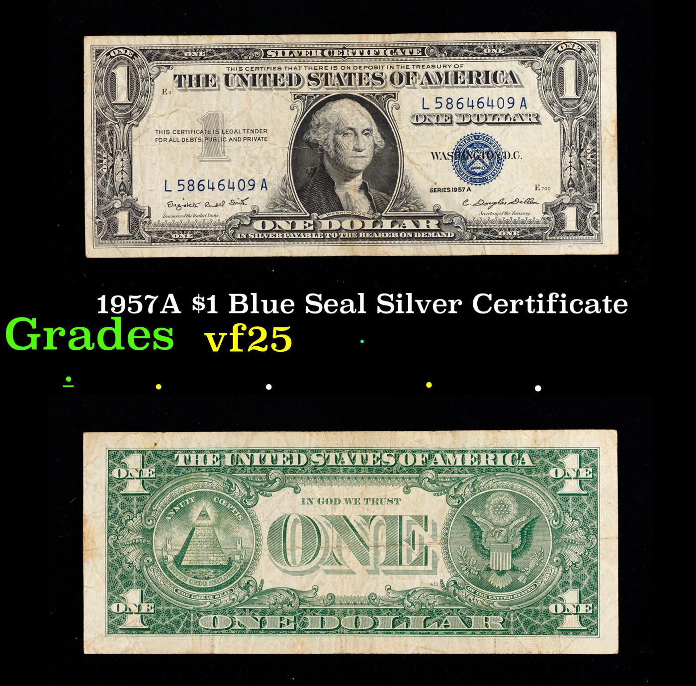 1957A $1 Blue Seal Silver Certificate Grades vf+