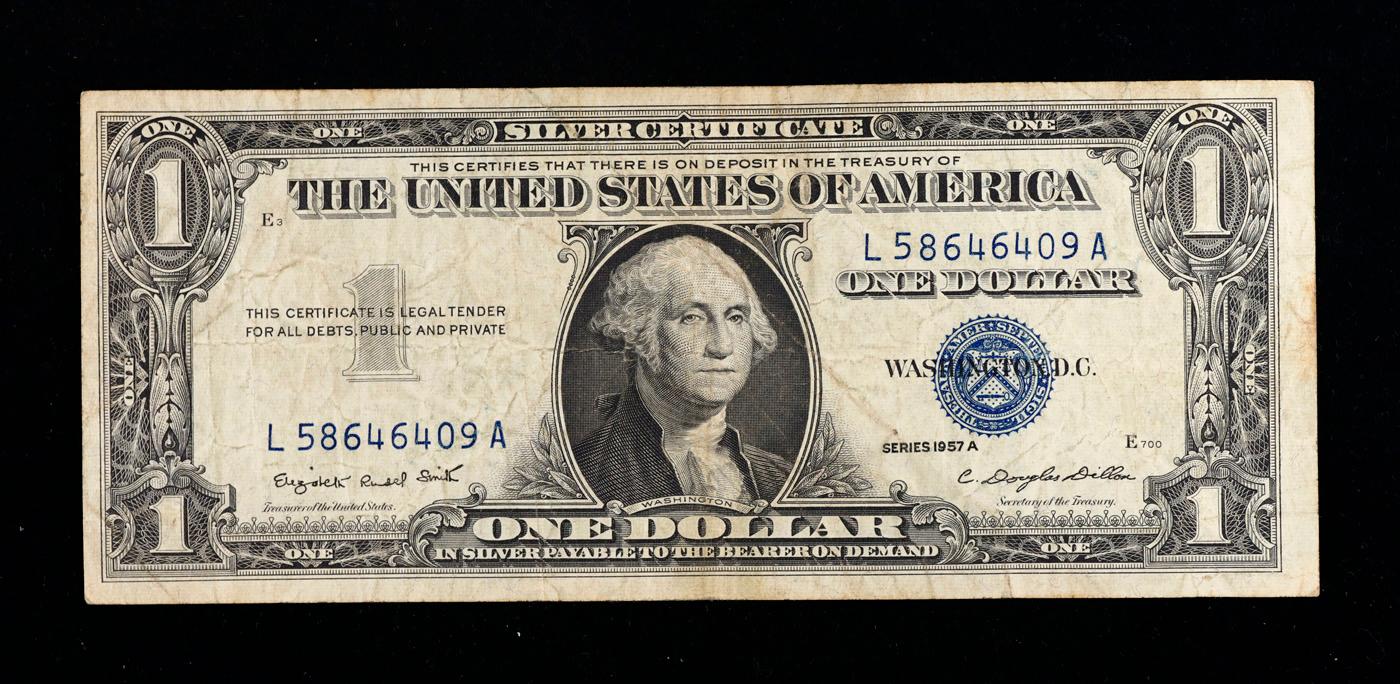 1957A $1 Blue Seal Silver Certificate Grades vf+