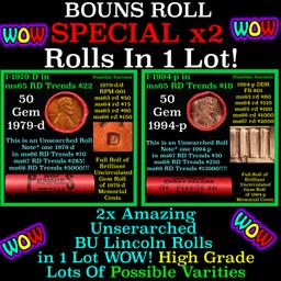 2x BU Shotgun Lincoln 1c rolls, 1994-p & 1979-d 50 pcs 50c