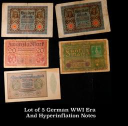 Lot of 5 German WWI Era And Hyperinflation Notes Grades