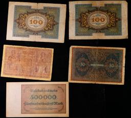 Lot of 5 German WWI Era And Hyperinflation Notes Grades