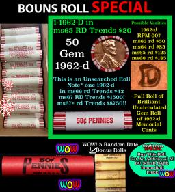 THIS AUCTION ONLY! BU Shotgun Lincoln 1c roll, 1962-d 50 pcs Plus FIVE bonus random date BU roll! Ba