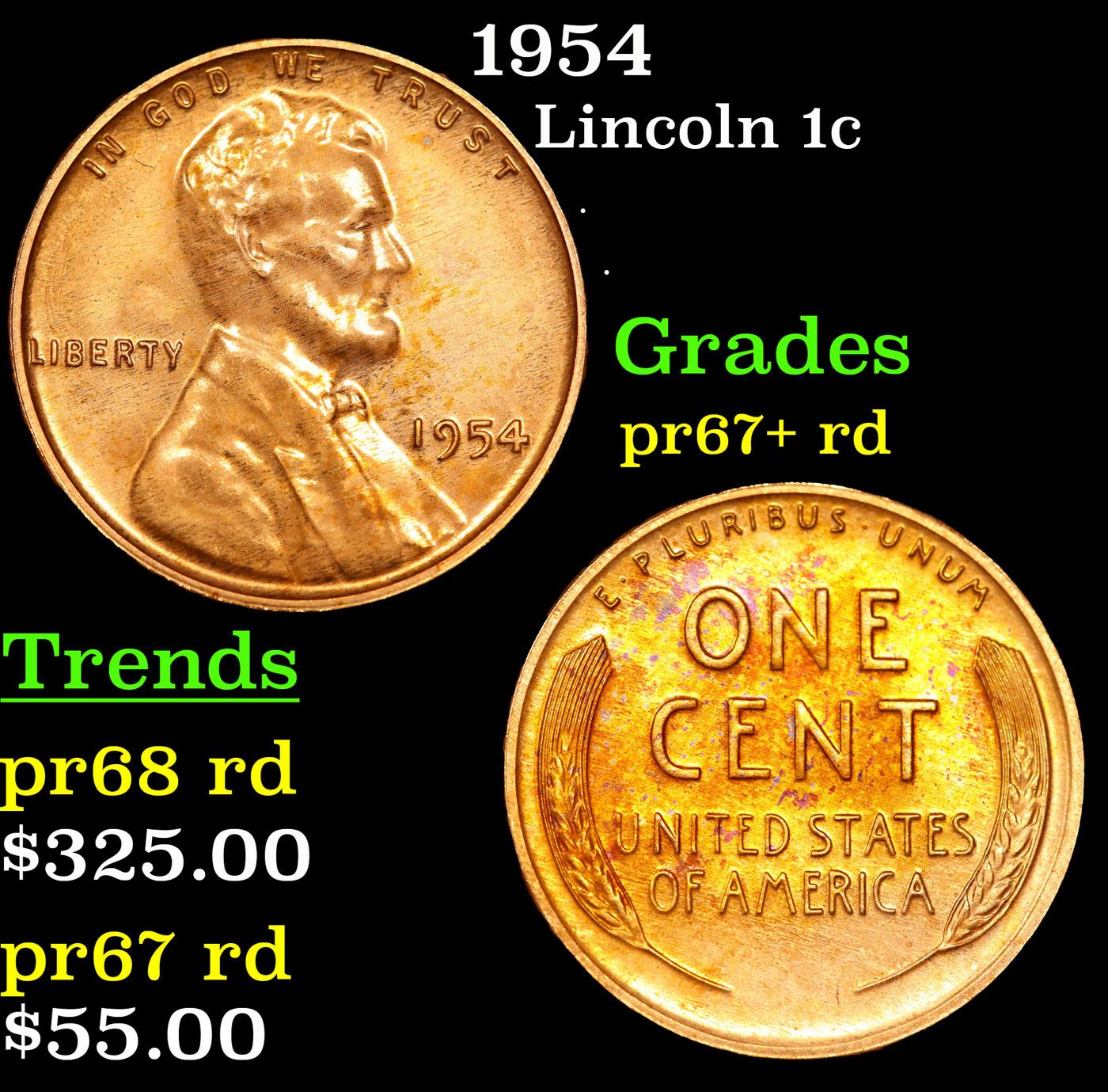 Proof 1954 Lincoln Cent 1c Grades Gem++ Proof Red