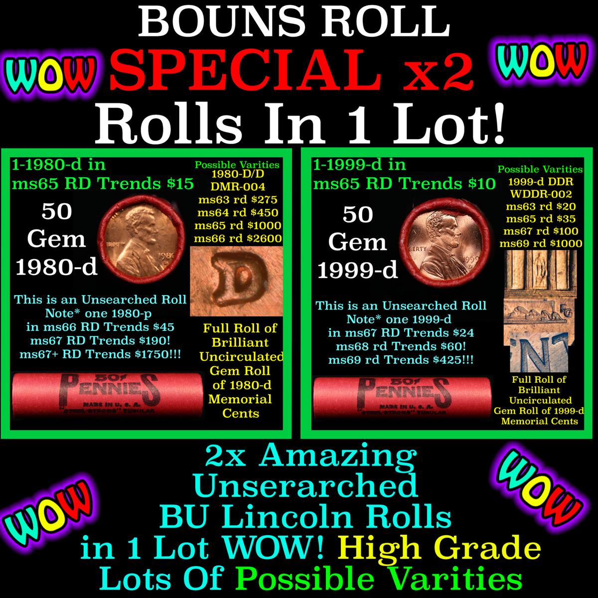 2x BU Shotgun Lincoln 1c rolls, 1999-d & 1980-d 50 pcs 50c