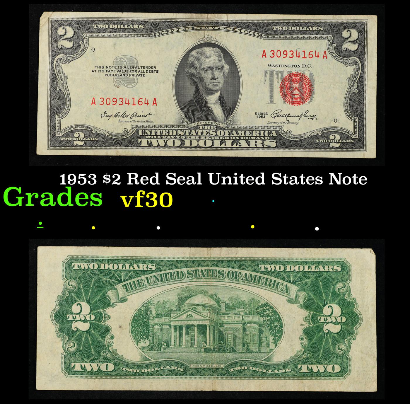 1953 $2 Red Seal United States Note Grades vf++