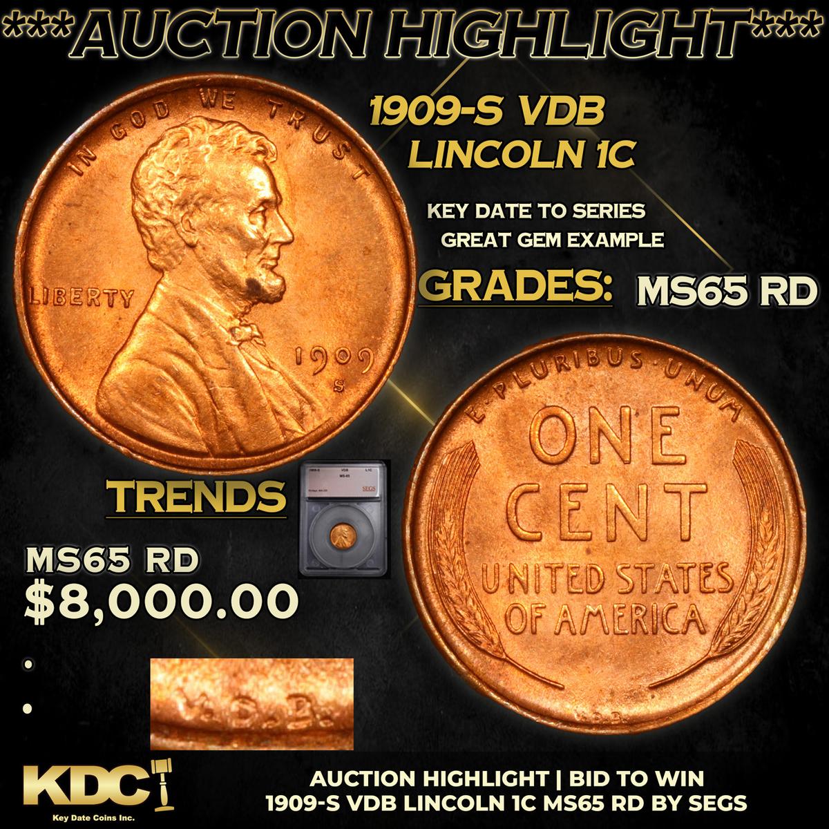 ***Auction Highlight*** 1909-s VDB Lincoln Cent 1c Graded ms65 rd BY SEGS (fc)