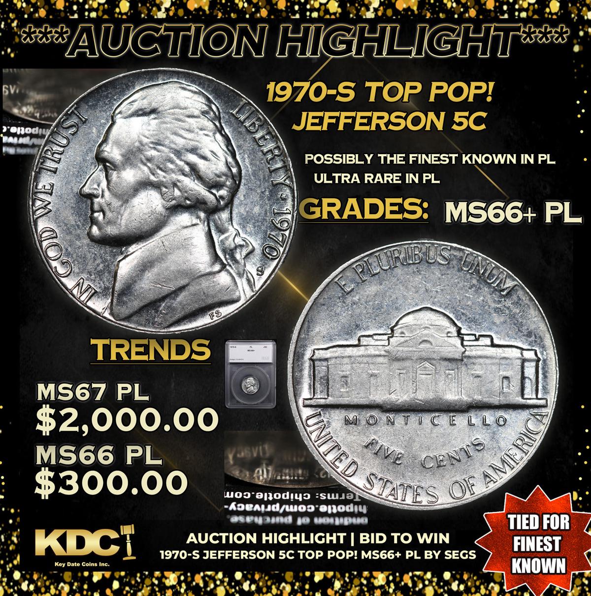 ***Auction Highlight*** 1970-s Jefferson Nickel TOP POP! 5c Graded ms66+ PL BY SEGS (fc)