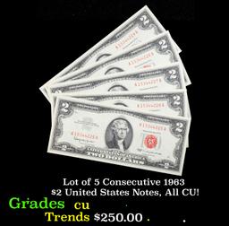 Lot of 5 Consecutive 1963 $2 United States Notes, All CU! $2 Red Seal United States Note Grades cu