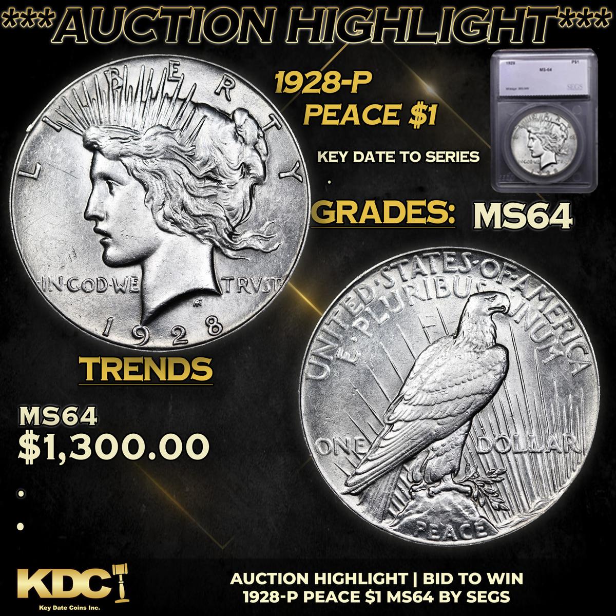 ***Auction Highlight*** 1928-p Peace Dollar $1 Graded ms64 By SEGS (fc)