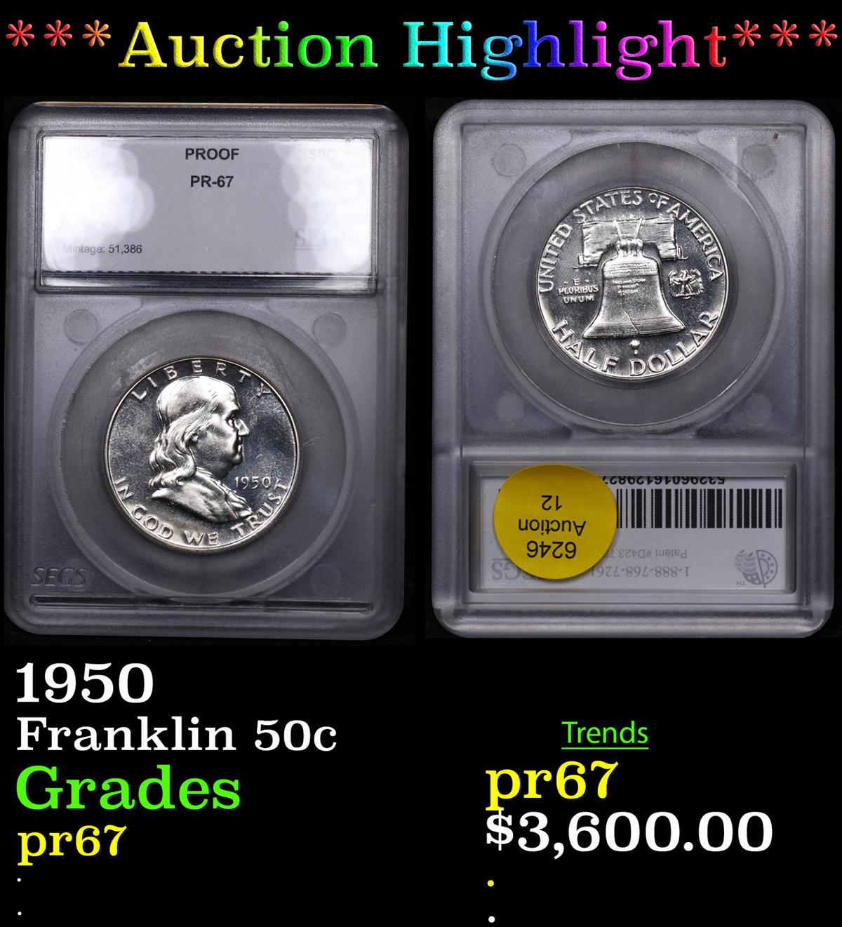 Proof ***Auction Highlight*** 1950 Franklin Half Dollar 50c Graded pr67 BY SEGS (fc)