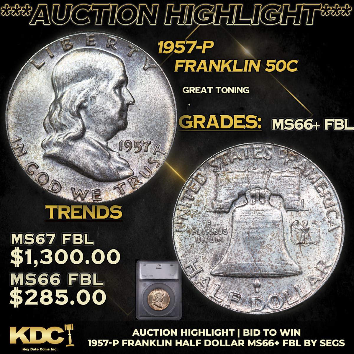 ***Auction Highlight*** 1957-p Franklin Half Dollar 50c Graded ms66+ fbl By SEGS (fc)