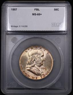 ***Auction Highlight*** 1957-p Franklin Half Dollar 50c Graded ms66+ fbl By SEGS (fc)