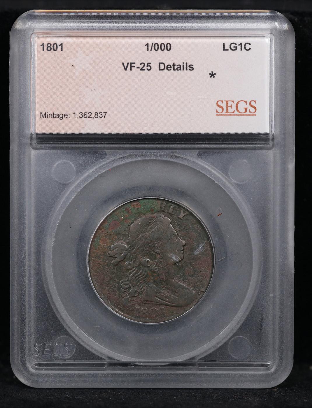 ***Auction Highlight*** 1801 1/000 Draped Bust Large Cent 1c Graded vf25 details By SEGS (fc)