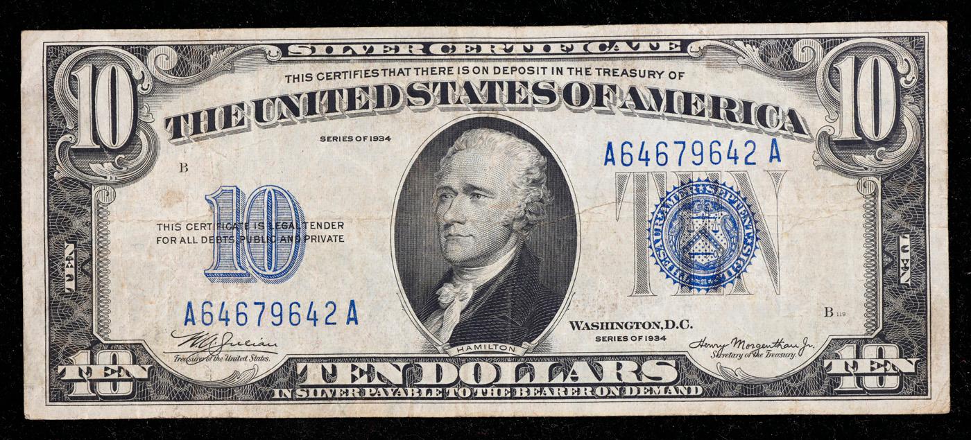 1934 $10 Blue Seal Silver Certificate Grades vf++