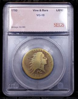 ***Auction Highlight*** 1793 Wreath Vine & Bars Flowing Hair large cent 1c Graded vg10 By SEGS (fc)