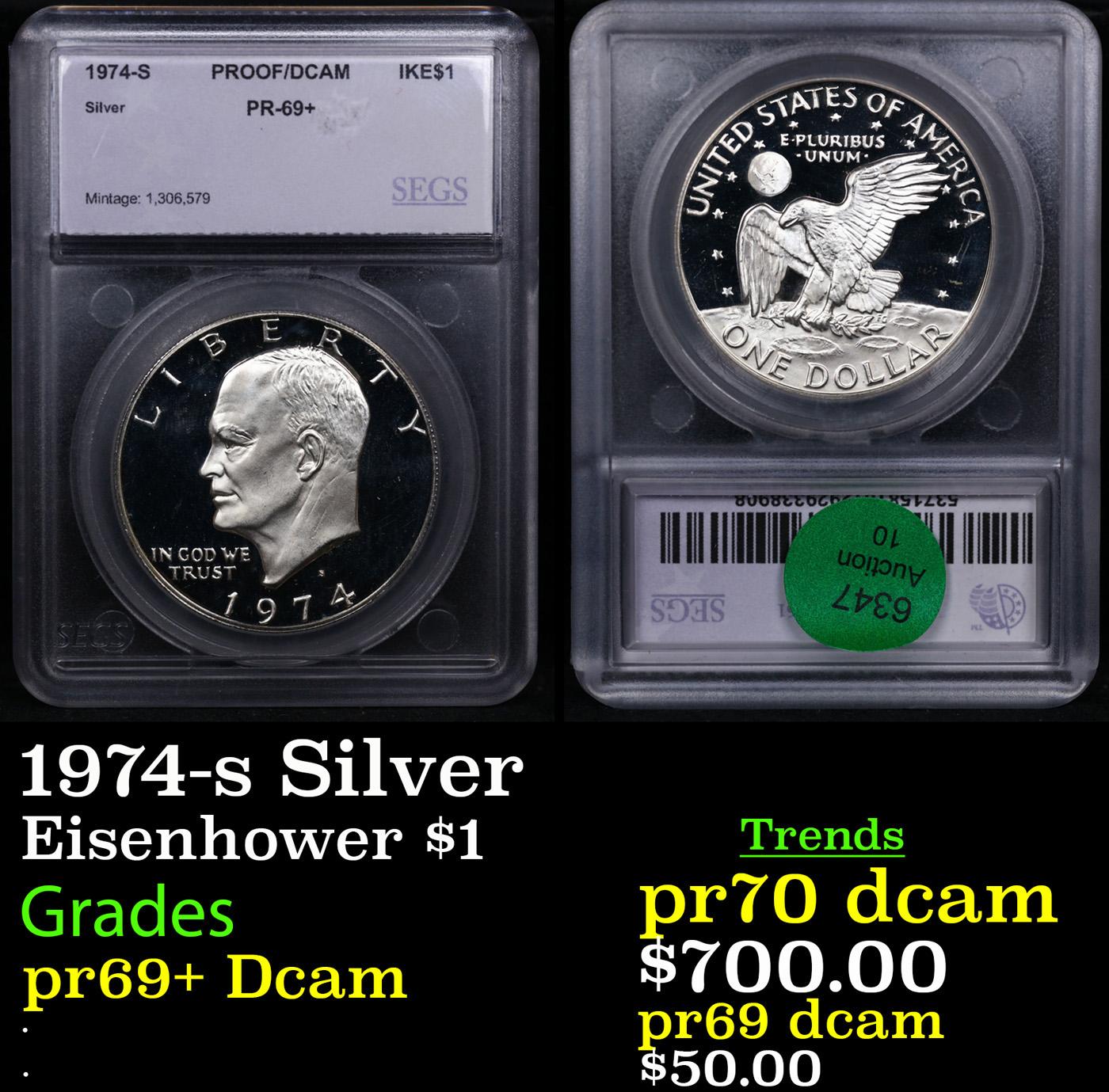 Proof 1974-s Silver Eisenhower Dollar 1 Graded pr69+ Dcam By SEGS