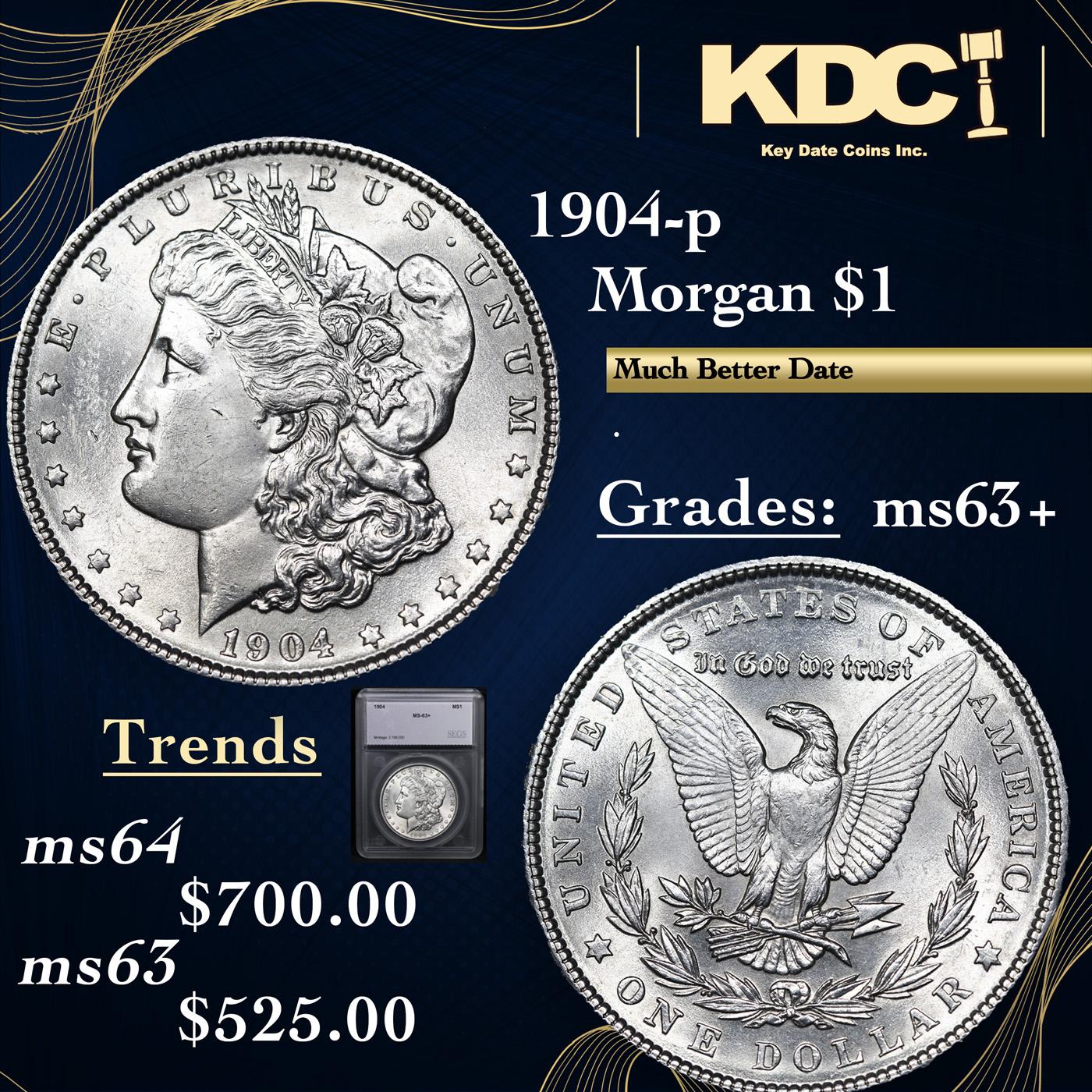 1904-p Morgan Dollar $1 Graded ms63+ By SEGS