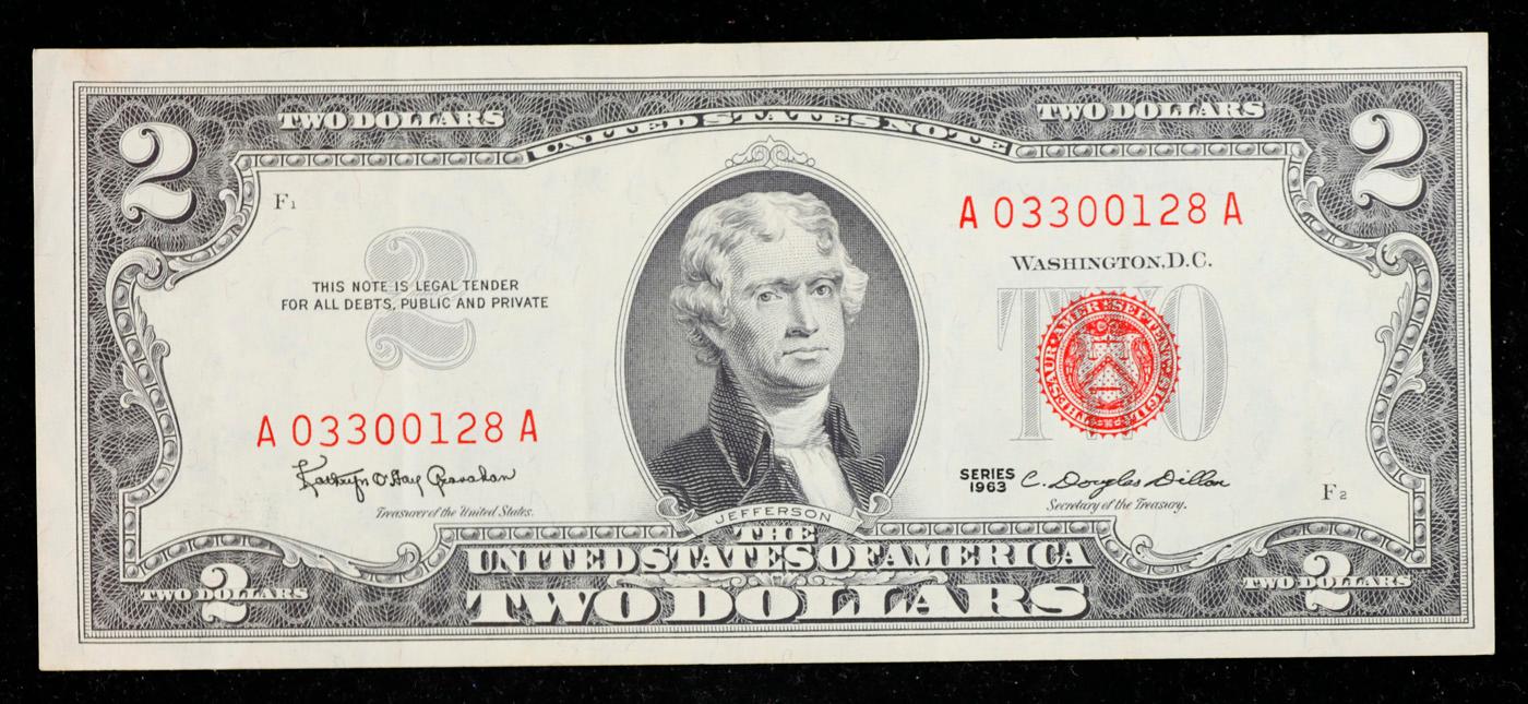 1963 $2 Red Seal United States Note Grades Choice AU/BU Slider