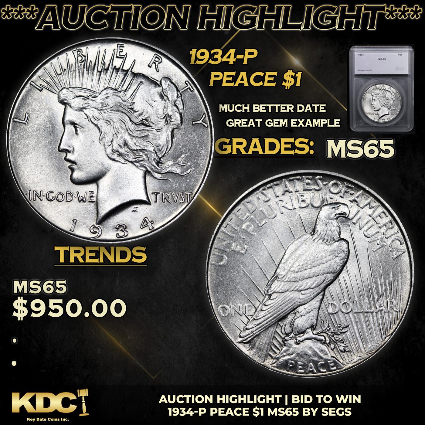 ***Auction Highlight*** 1934-p Peace Dollar $1 Graded ms65 By SEGS (fc)