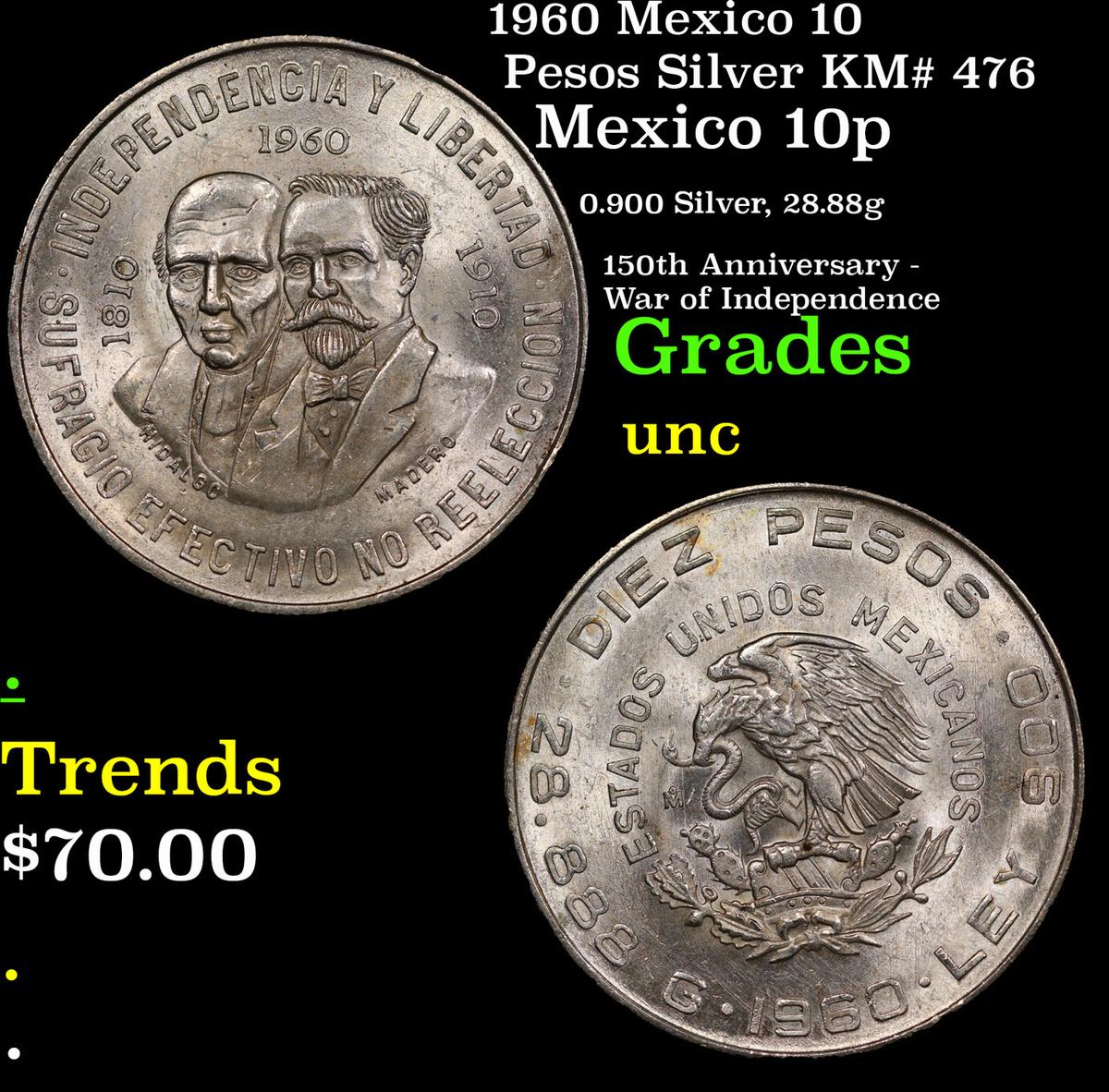 1960 Mexico 10 Pesos Silver KM# 476 Grades Brilliant Uncirculated