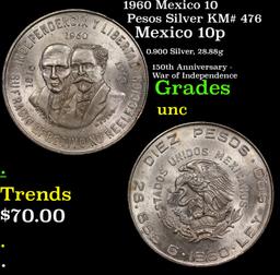 1960 Mexico 10 Pesos Silver KM# 476 Grades Brilliant Uncirculated