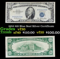 1953 $10 Blue Seal Silver Certificate Grades vf++