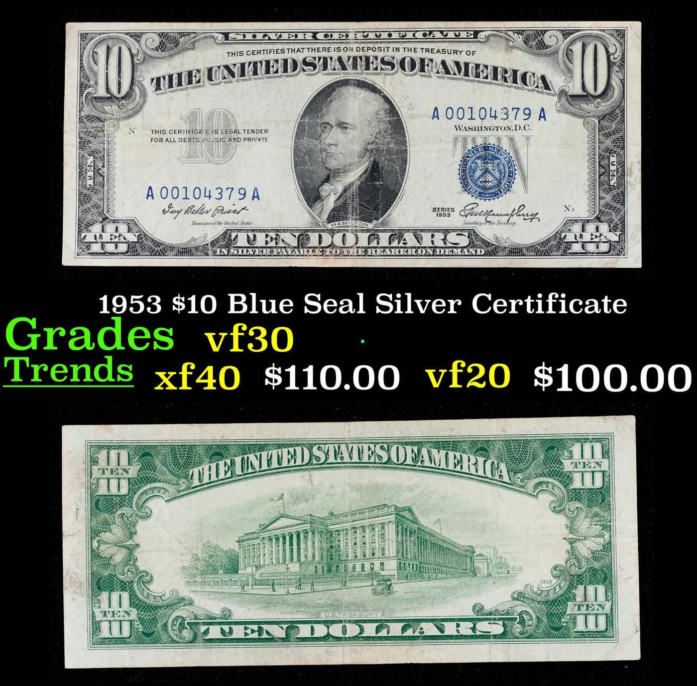 1953 $10 Blue Seal Silver Certificate Grades vf++