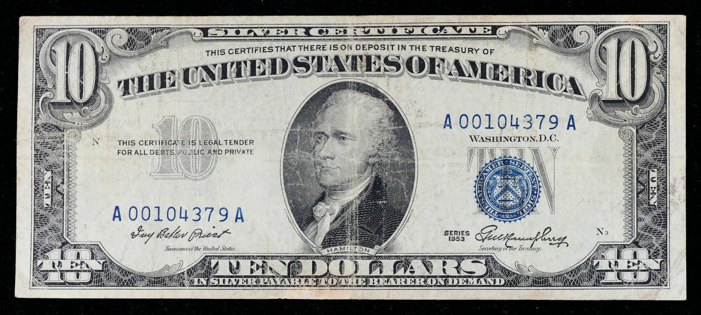 1953 $10 Blue Seal Silver Certificate Grades vf++