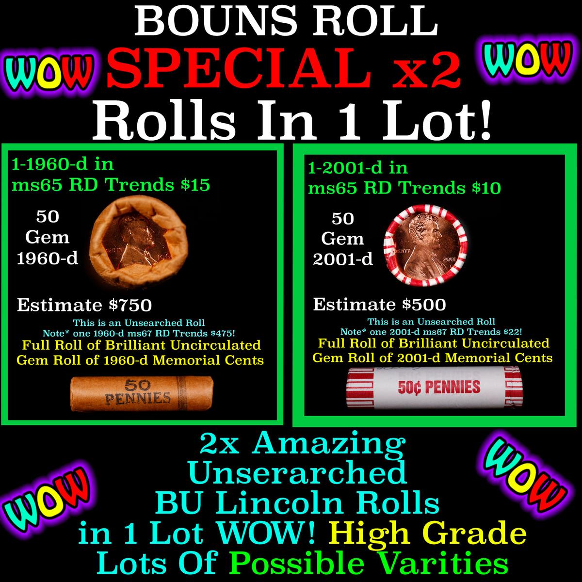 2x BU Shotgun Lincoln 1c rolls, 1960-d & 2001-d 50 pcs Each 100 Coins Total 50c
