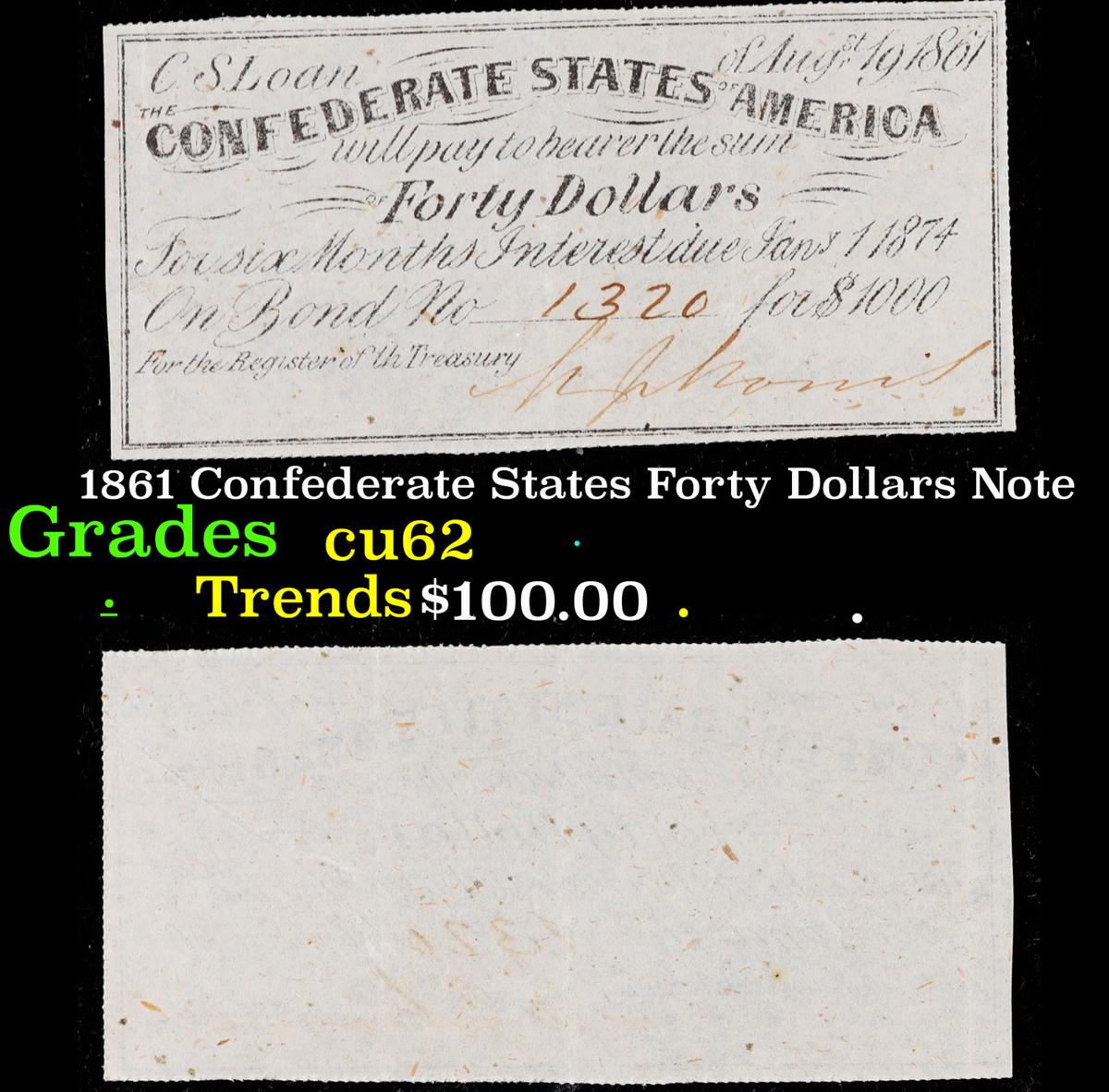 1861 Confederate States Forty Dollars Note Grades Select CU