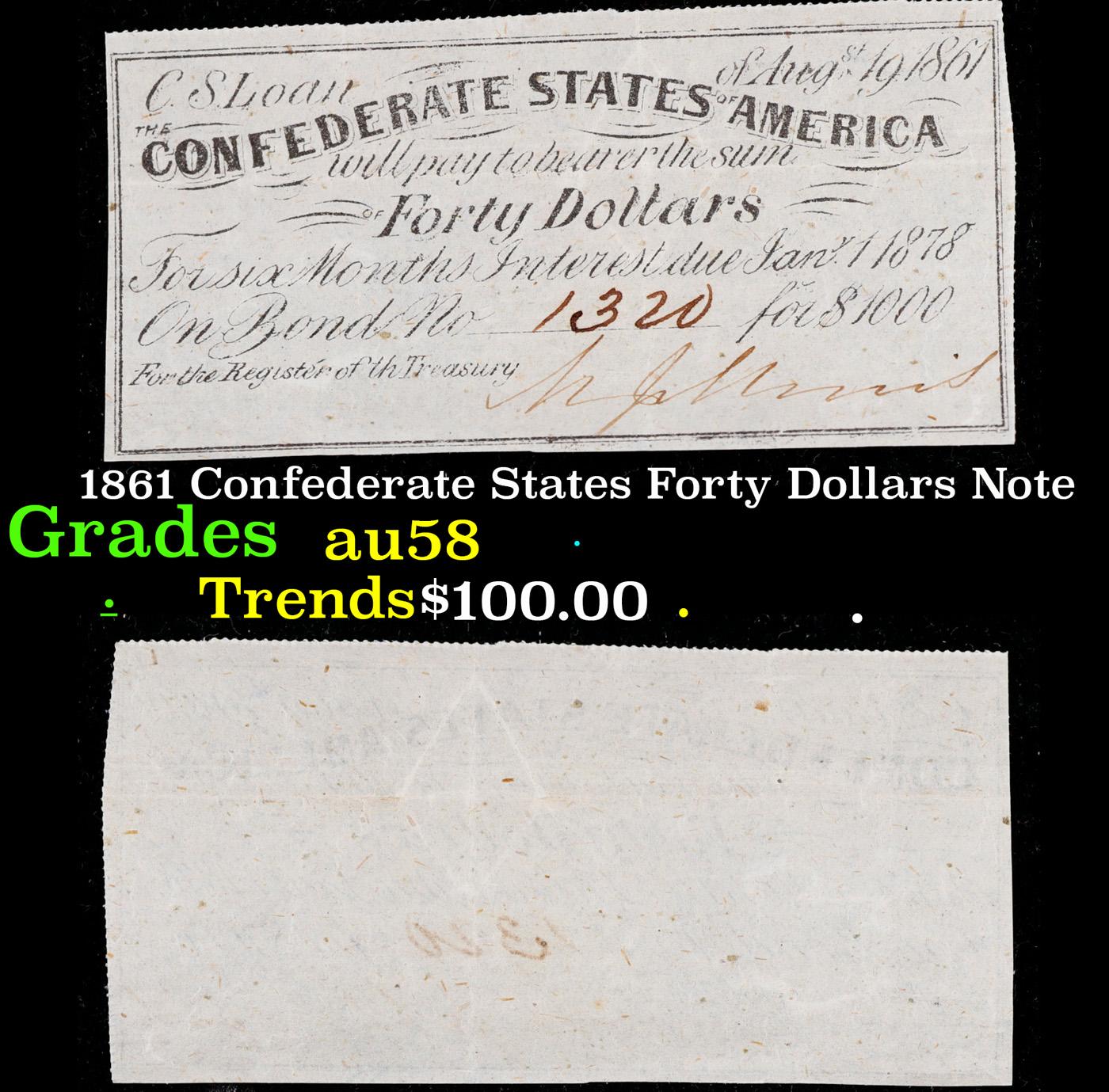 1861 Confederate States Forty Dollars Note Grades Choice AU/BU Slider